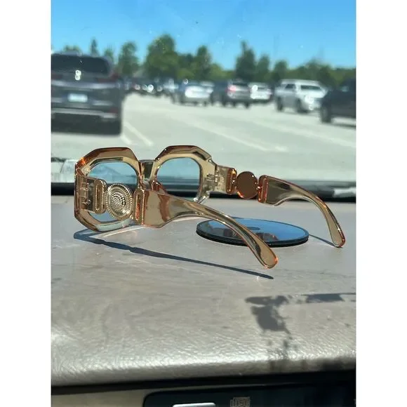 Unisex Sunglasses Transparent Gold Frame Blue Lenses Geometric S… - Picture 9 of 10